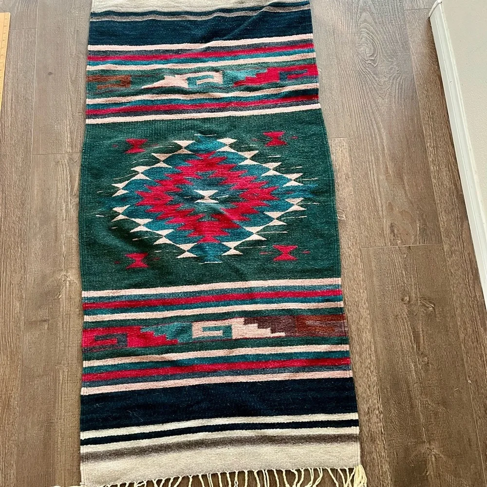Handmade Mexican Folk Wool Blanket / Rug 26/55 Inches